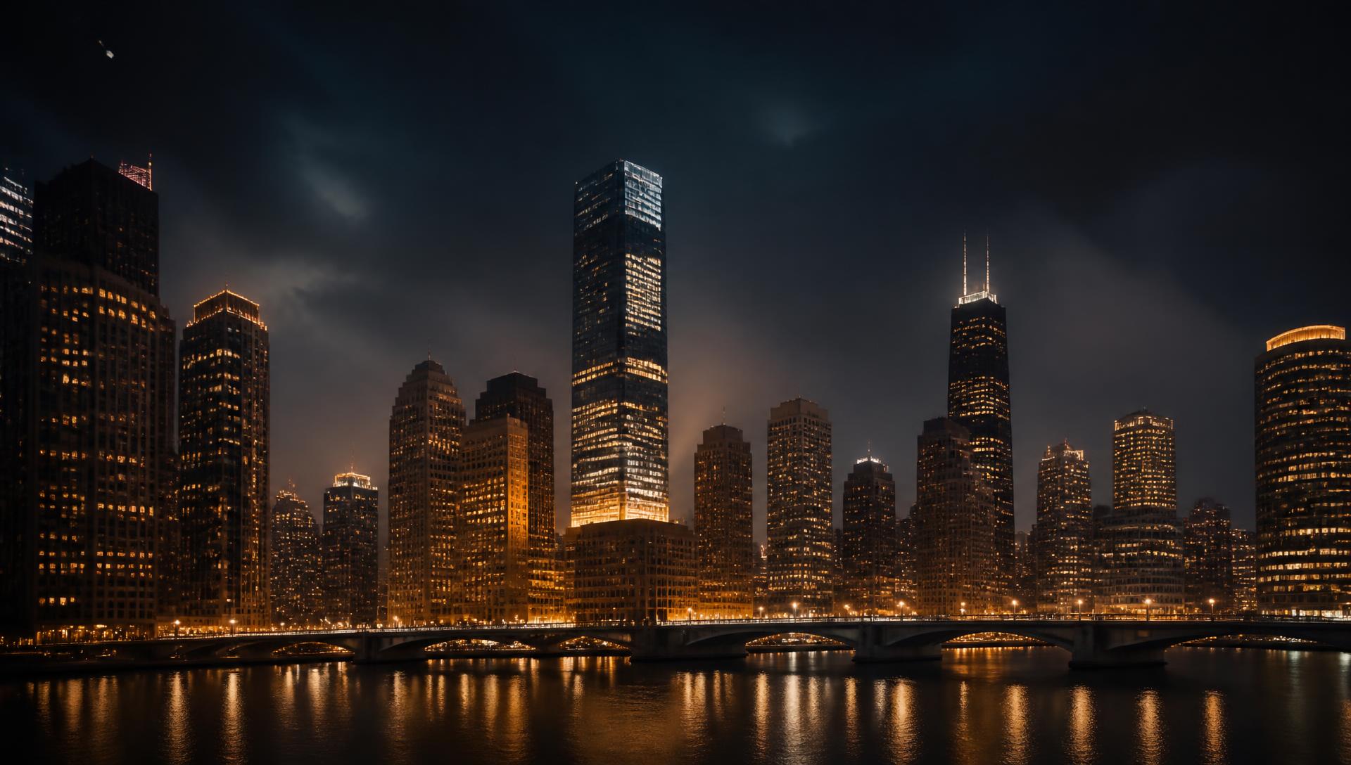 City skyline at dusk with warm golden lights across the downtown towers
